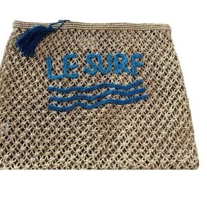 Le Surf Raffia Tote with Blue Accents 18.5" x 15" NWT